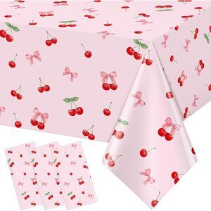 3Pcs Cherry & Bow Birthday Tablecloths 54x108 Disposable Plastic Party Cover